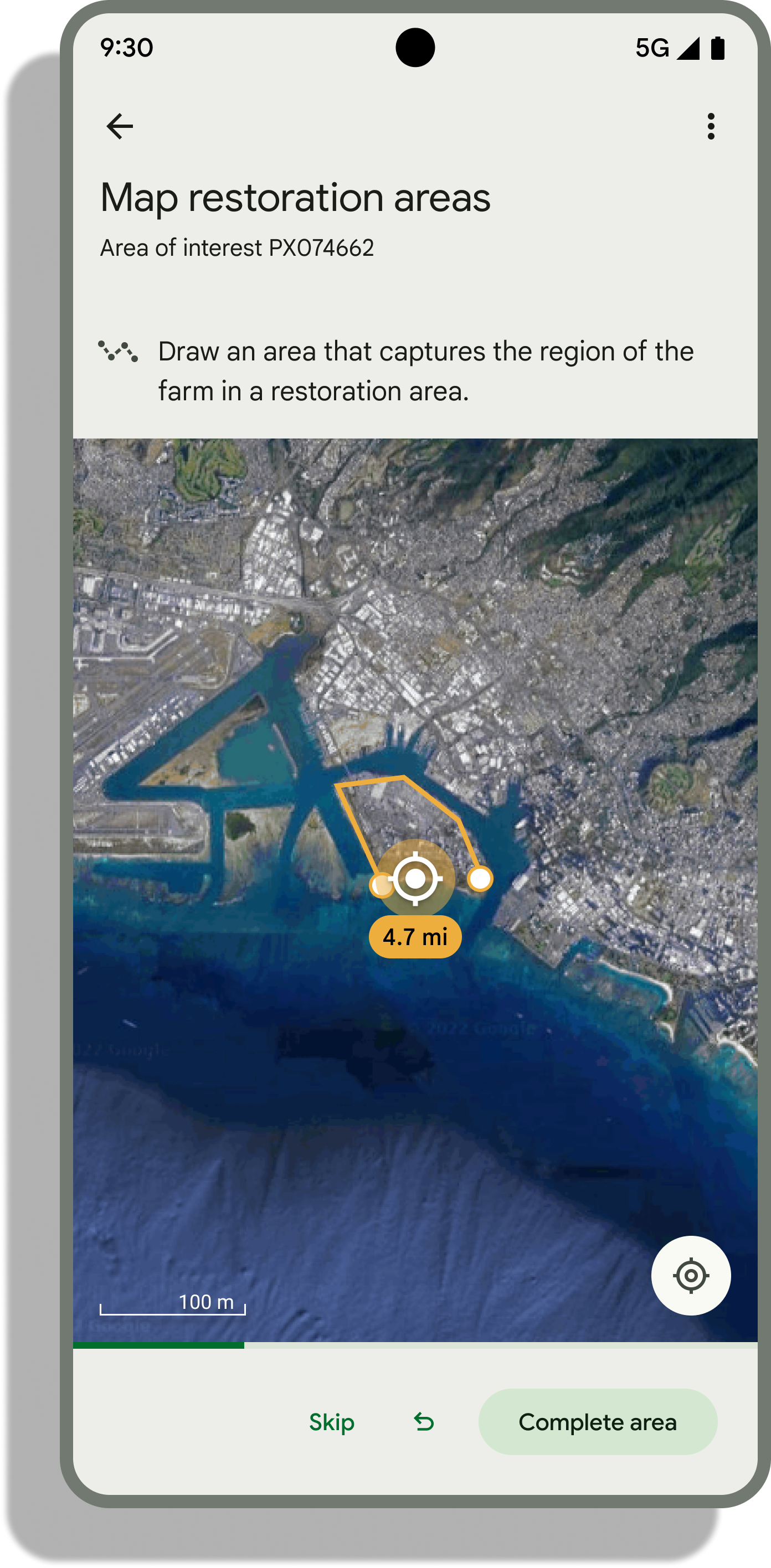 Ground Android mobile app showing a polygon boundary being drawn around a restoration area on satellite imagery