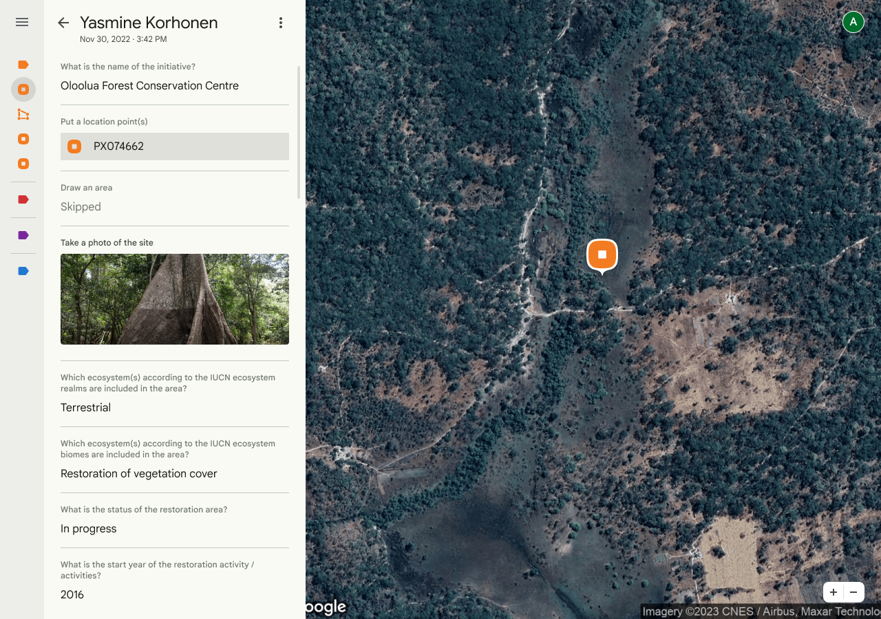 Ground web console displaying field restoration submissions and photos for Oloolua Forest Conservation Centre on a satellite map